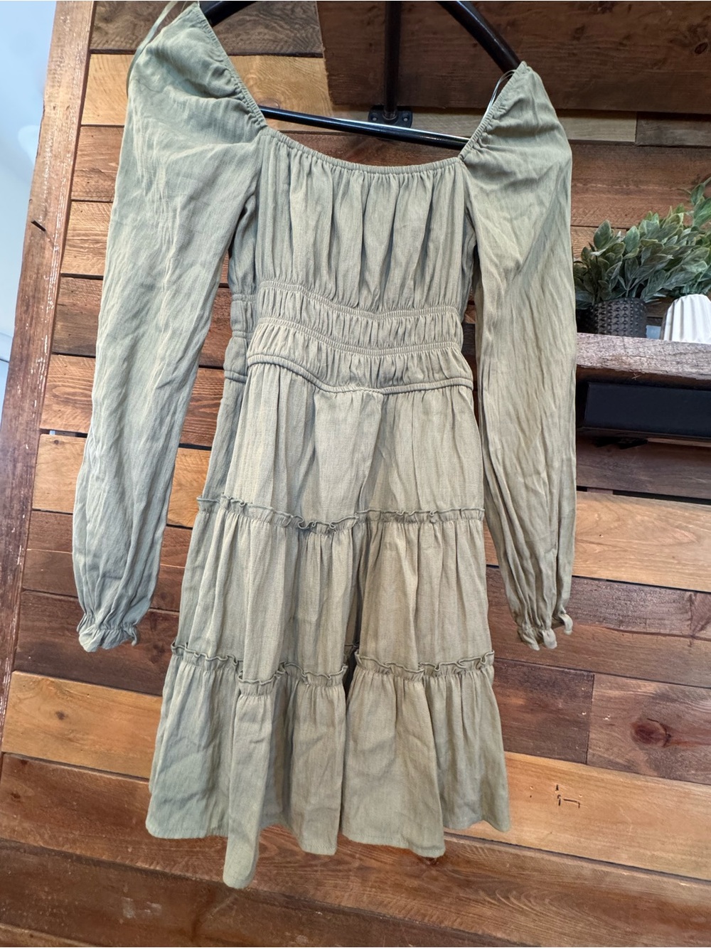 miami Olive Green Long Sleeve Tiered Smocked Dress
